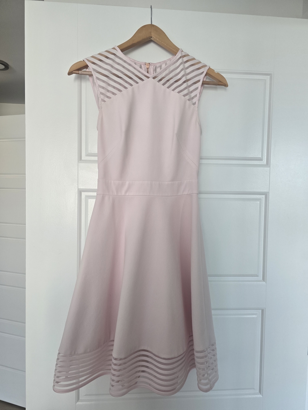 Ted Baker Pale Pink Sleeveless Fit-and-Flare Dress with Sheer Stripe Insets